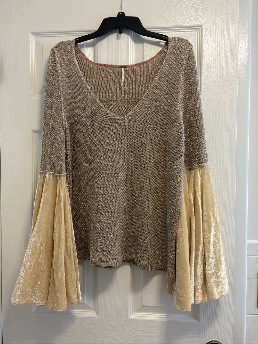 Free People Celestial Metallic Knit Velvet Bell Sleeve Tunic Sweater Medium